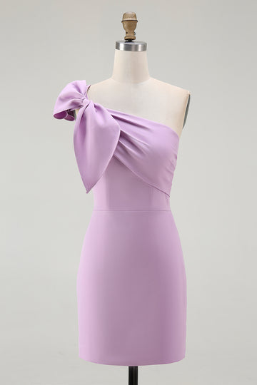 Lilac One Shoulder Bodycon Short Homecoming Dress with Bow